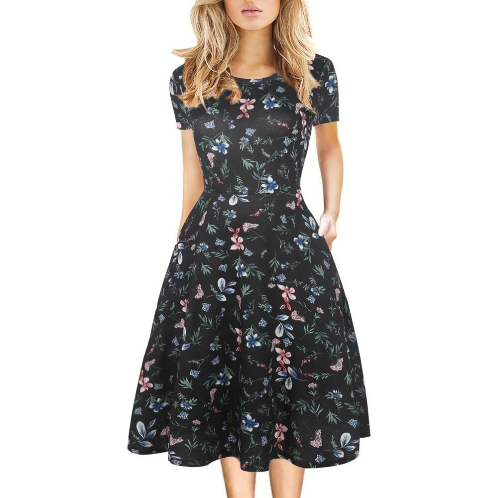 Women's Black-10 Elegant Knee Length Vintage A-Line Swing Dress with Pockets